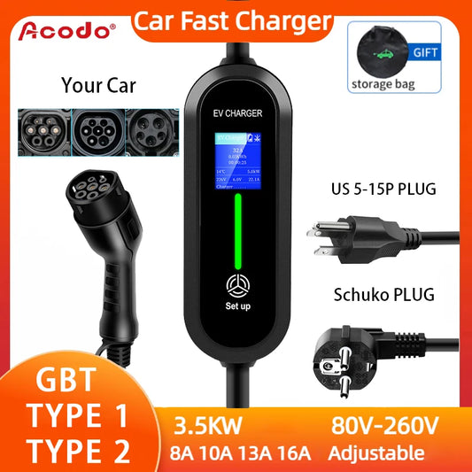 ACODO-cargador portátil EV tipo 1, tipo 2, GBT, enchufe US/Schuko, WallBox, 3,5 kW, 16A, ajustable, 4 tipos de corriente, Cargador rápido