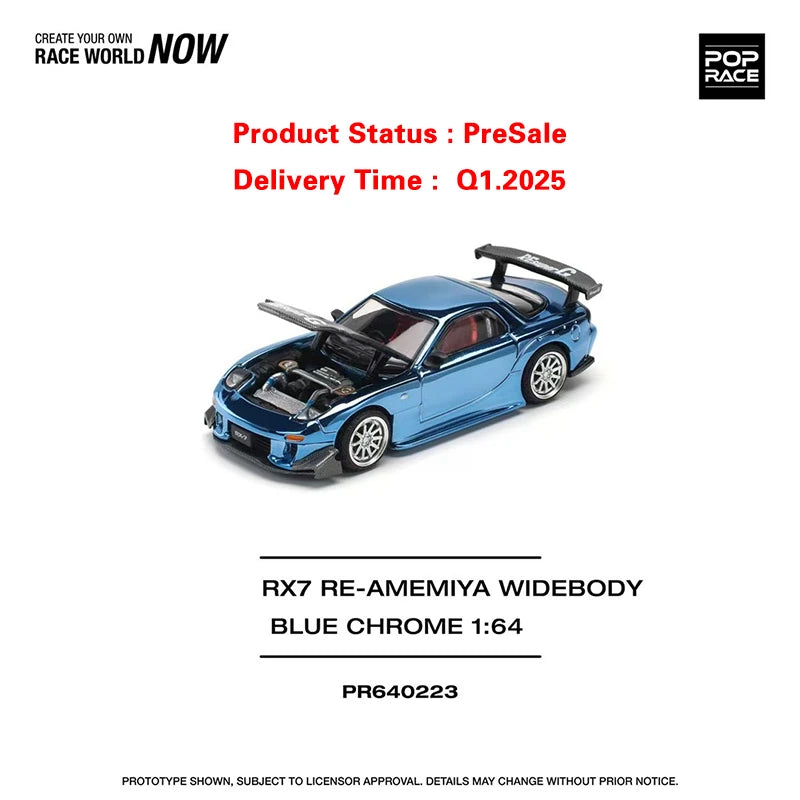 PreSale POP RACE 1:64 RX7 FD3S RE Amemiya Chrome Blue Diecast Diorama Car Model Toy