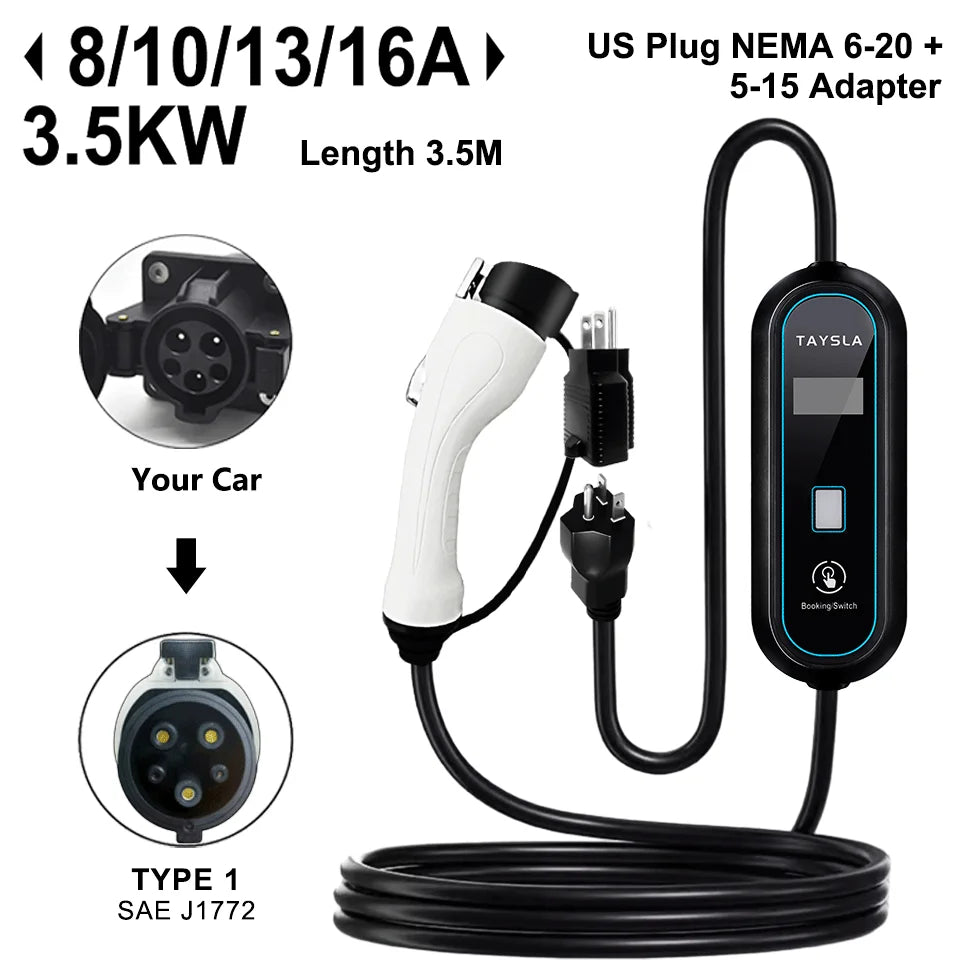 Cargador de coche eléctrico TAYSLA 3.5KW 16A tipo 2 tipo 1 J1772 cargador EV portátil Cable de carga Wallbox para vehículos eléctricos BYD