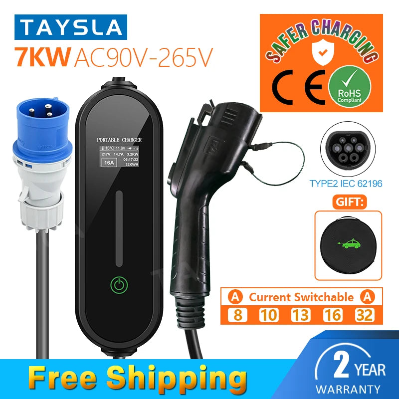 TAYSLA-cargador portátil para coche eléctrico, Cable de carga para vehículo eléctrico, tipo 2, 32A, 16A, tipo 1, GBT, para Tesla BYD