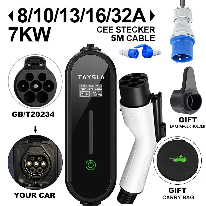 TAYSLA-cargador portátil para coche eléctrico, Cable de carga para vehículo eléctrico, tipo 2, 32A, 16A, tipo 1, GBT, para Tesla BYD