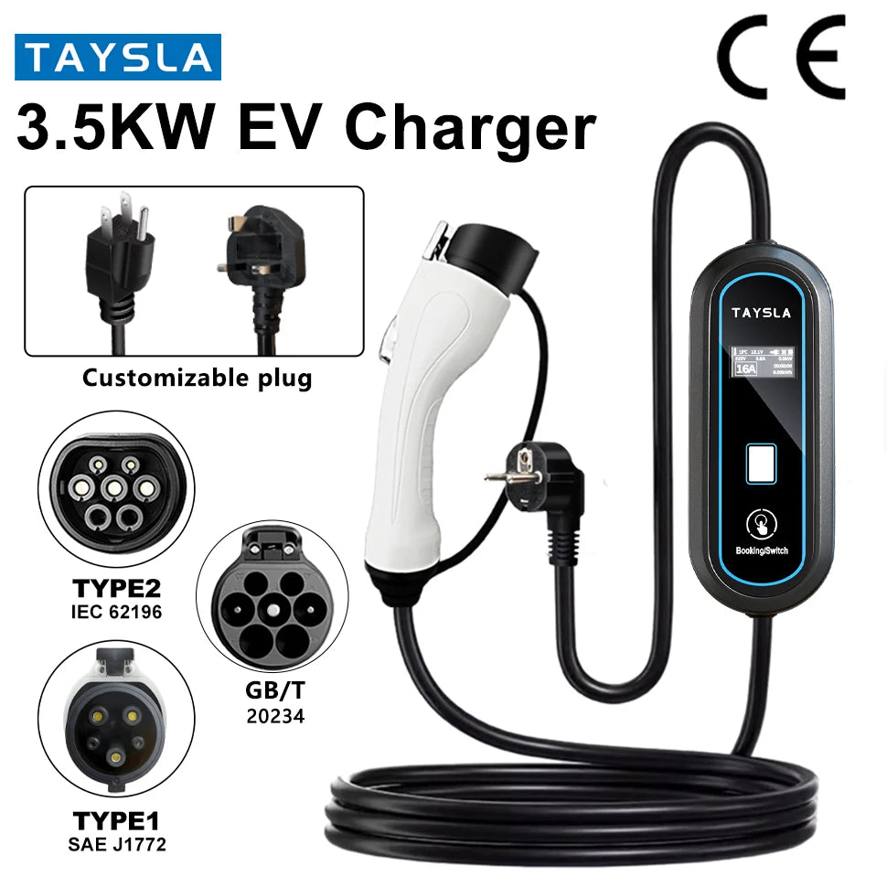 Cargador de coche eléctrico TAYSLA 3.5KW 16A tipo 2 tipo 1 J1772 cargador EV portátil Cable de carga Wallbox para vehículos eléctricos BYD