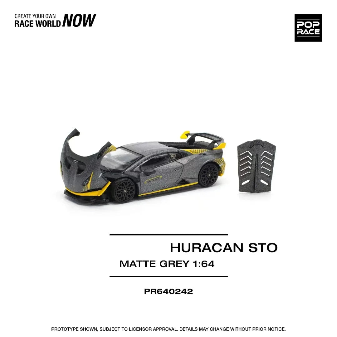 Preventa POP RACE 1:64 Huracan STO capó que se puede abrir gris mate Diecast Diorama modelo de coche de juguete