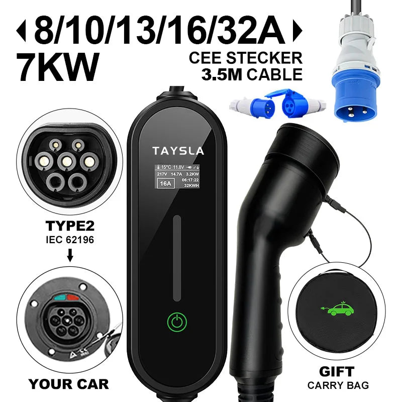 TAYSLA-cargador portátil para coche eléctrico, Cable de carga para vehículo eléctrico, tipo 2, 32A, 16A, tipo 1, GBT, para Tesla BYD