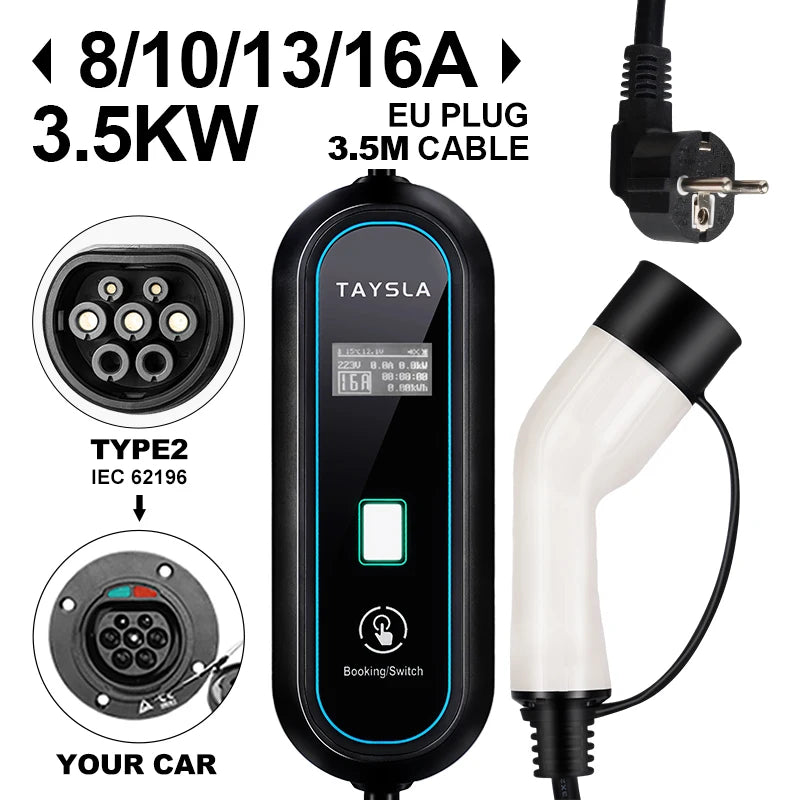 Cargador de coche eléctrico TAYSLA 3.5KW 16A tipo 2 tipo 1 J1772 cargador EV portátil Cable de carga Wallbox para vehículos eléctricos BYD