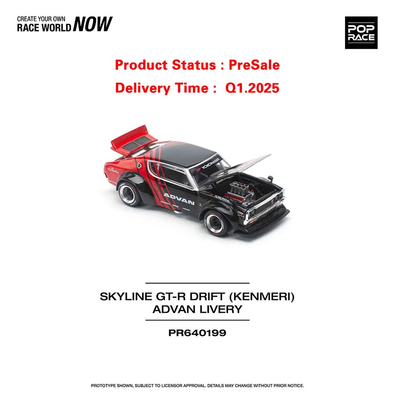 Preventa POP RACE 1:64 Skyline KPGC110 Kenmeri V8 Drift Advan Diecast Diorama coche modelo de juguete