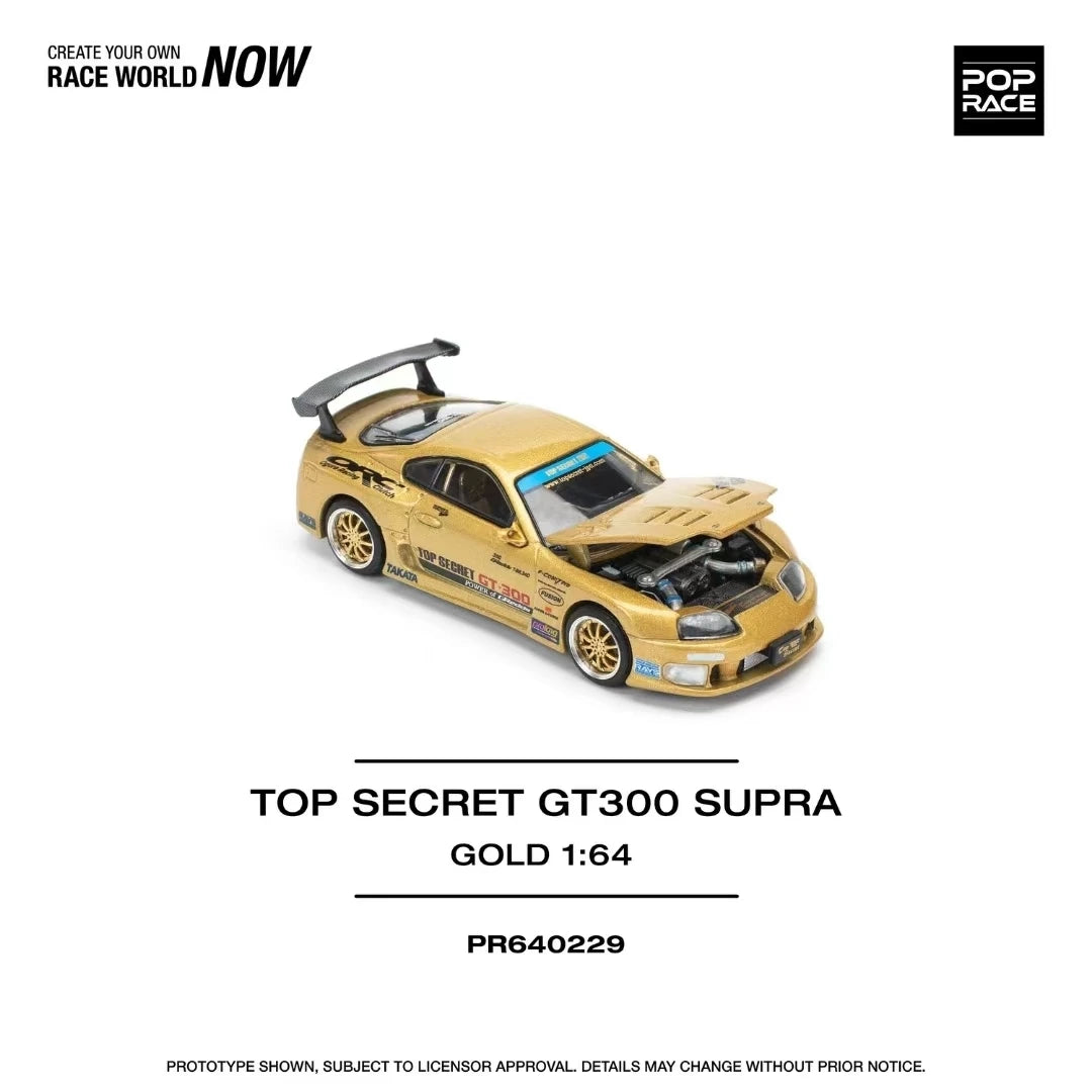 Preventa Pop Race 1:64 Top Secret GT300 Supra A80 capó que se puede abrir dorado Diecast Diorama modelo de coche de juguete