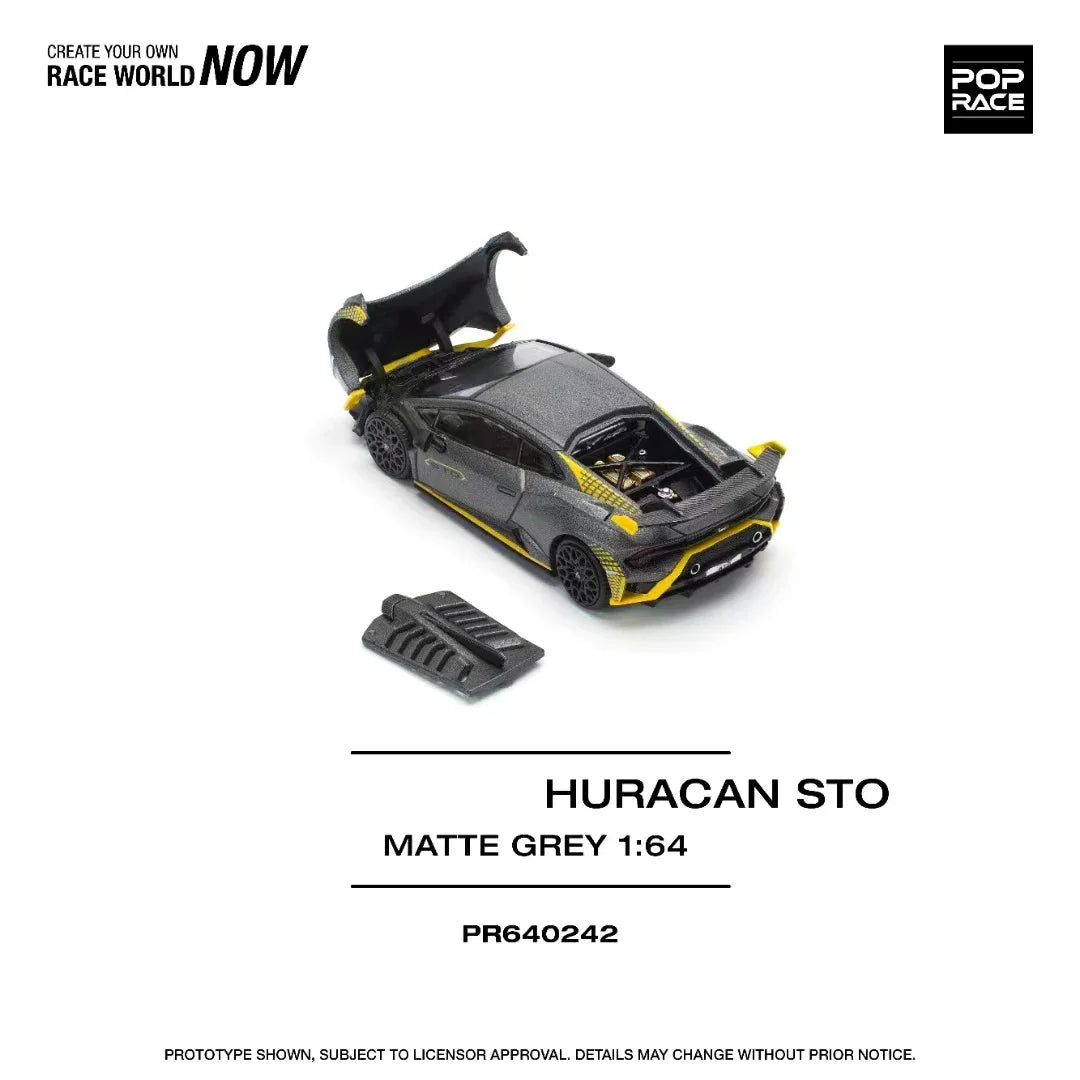 Preventa POP RACE 1:64 Huracan STO capó que se puede abrir gris mate Diecast Diorama modelo de coche de juguete