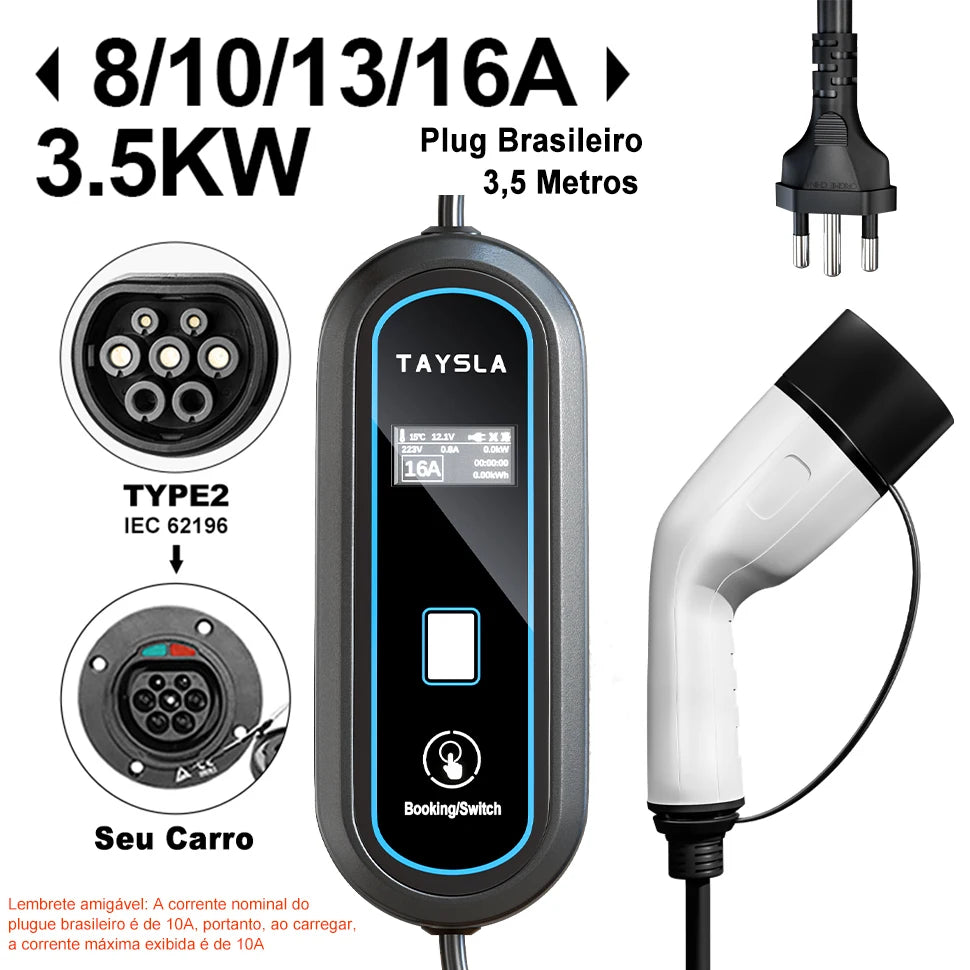 Cargador de coche eléctrico TAYSLA 3.5KW 16A tipo 2 tipo 1 J1772 cargador EV portátil Cable de carga Wallbox para vehículos eléctricos BYD