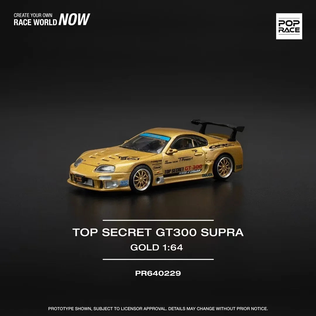 Preventa Pop Race 1:64 Top Secret GT300 Supra A80 capó que se puede abrir dorado Diecast Diorama modelo de coche de juguete