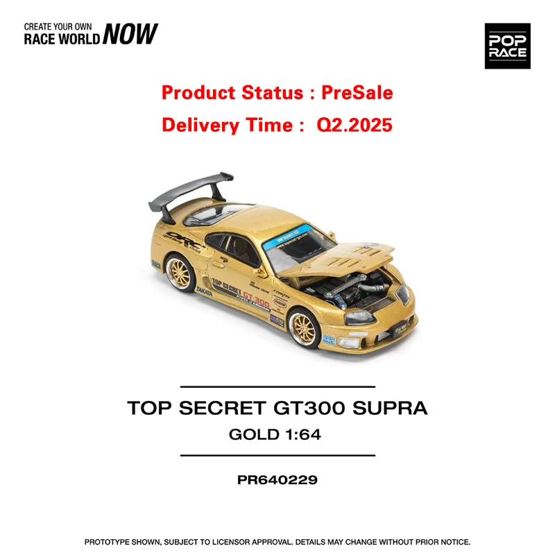 Preventa Pop Race 1:64 Top Secret GT300 Supra A80 capó que se puede abrir dorado Diecast Diorama modelo de coche de juguete