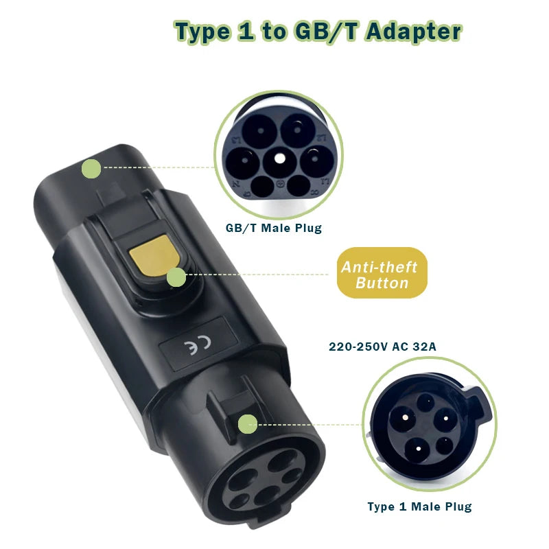 Adaptador antirrobo de enchufe tipo 1 a GBT para coche eléctrico chino con cerradura, 32A, 220V, CA, 7,4kw, EV